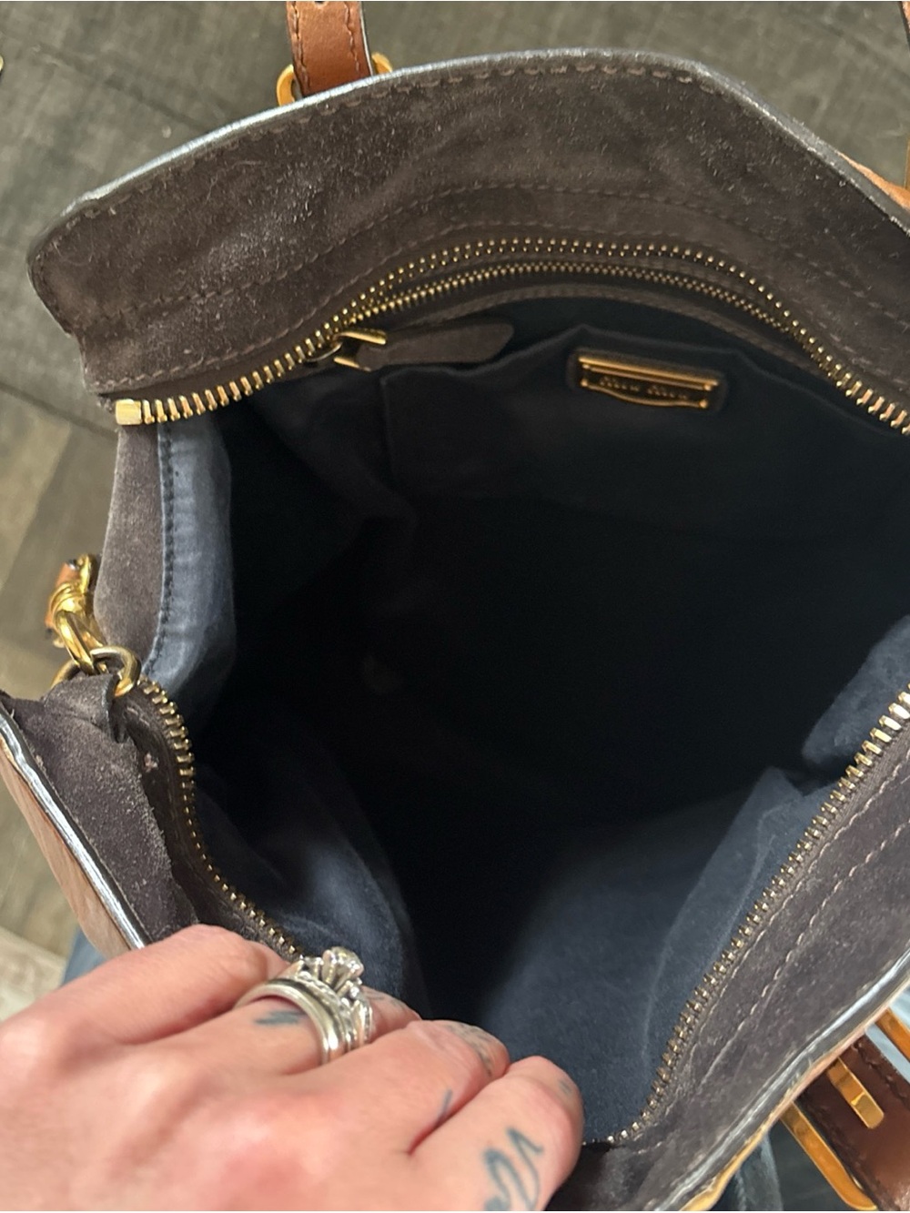 Miu Miu Dark Brown Suede and Chestnut Leather Tote with Gold Hardware - Picture 5 of 8